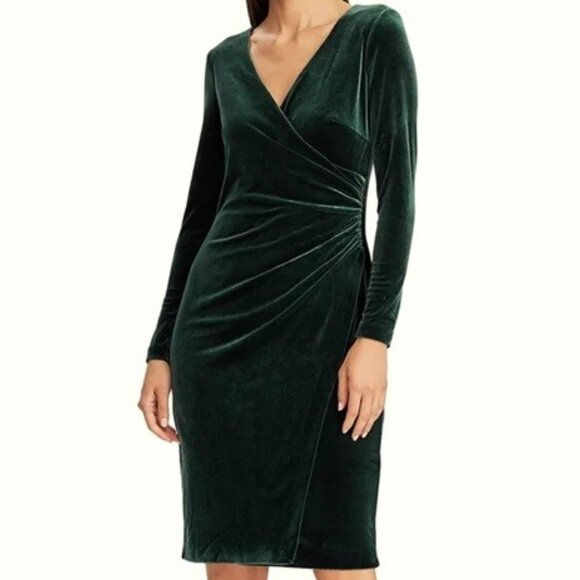 NWT Ralph Lauren Dark Season Green Stretch Velvet Surplice Dress Size 6 - Picture 7 of 9